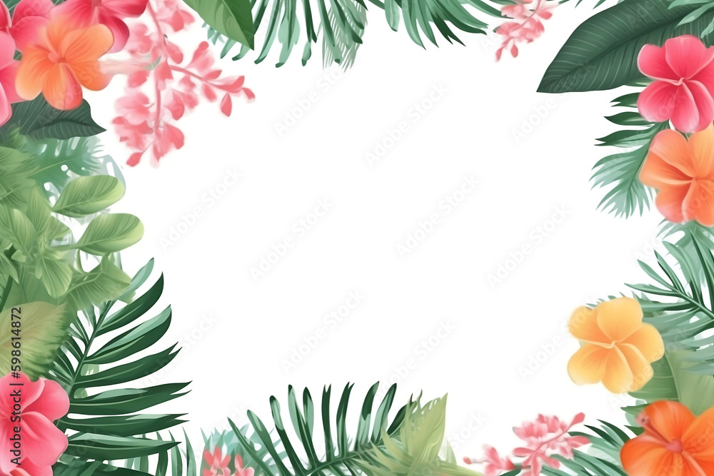 Summer Frame or Border with tropical palm leaves and flowers on white background generative AI Summer Frame or Border with tropical palm leaves and flowers on white background generative AI
