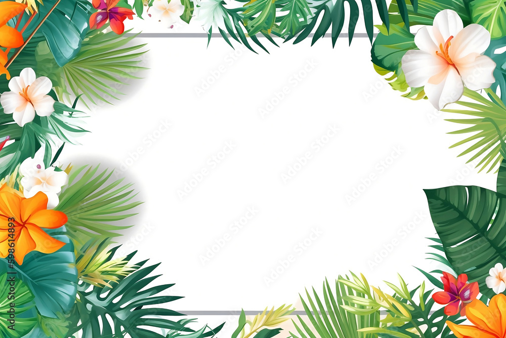 Summer Frame or Border with tropical palm leaves and flowers on white background generative AI Summer Frame or Border with tropical palm leaves and flowers on white background generative AI