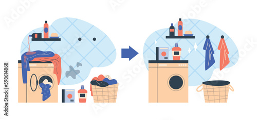 Clean and clutter laundry room interior set of flat vector illustration isolated.
