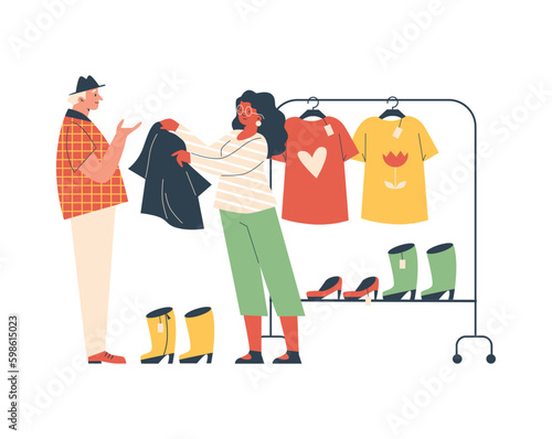 Man buying second hand clothes at flea market, flat vector illustration isolated on white background.