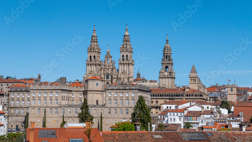 Santiago de Compostela, Galicia, Spain - April 4, 2023: Skyline of the city seen from the Cathedral Lookout