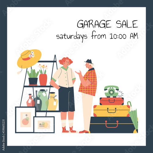 Garage sale invitation poster, flat vector illustration.