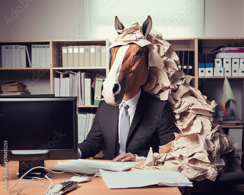 generative ai illustration of office stallion, horse working, business © epiximages
