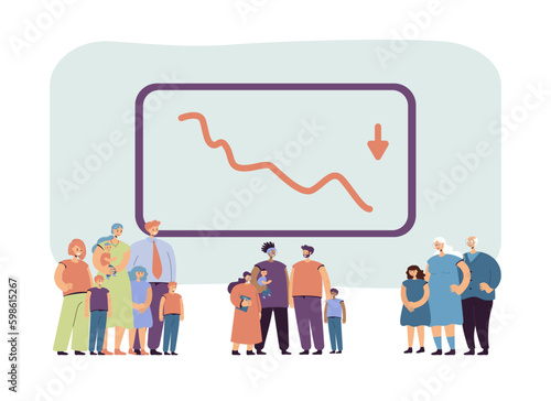 Demographic decline chart vector illustration. Extended families with many children and nuclear families from different times on white background. Demographic shift, population concept Generative AI