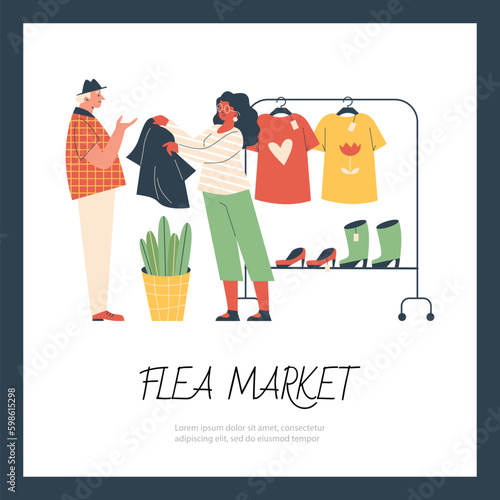 Flea market or rag fair banner or poster mockup flat vector illustration.