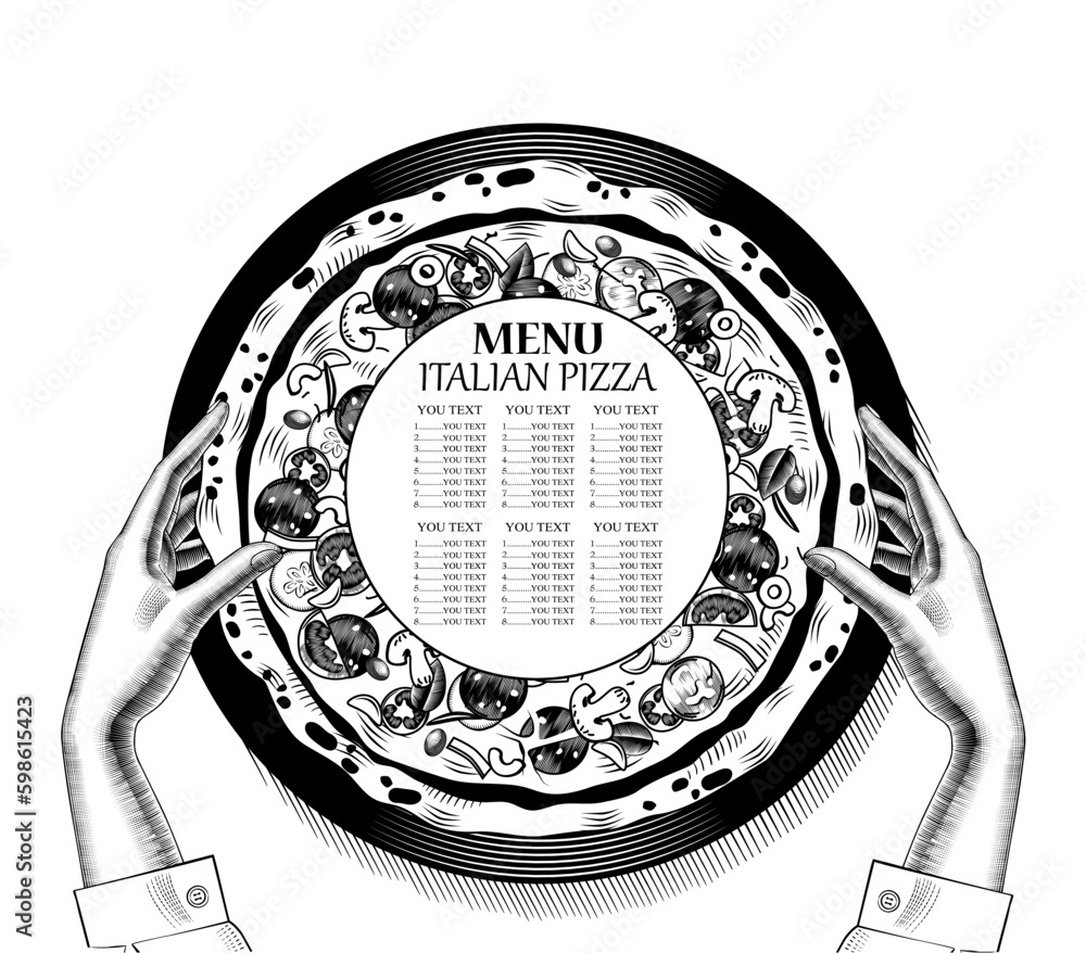 Big Round Tasty Pizza Conceptual Design Of A Restaurant Menu Vintage