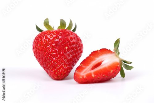 Fresh whole and sliced strawberries isolated on white background. Created with Generative AI Technology