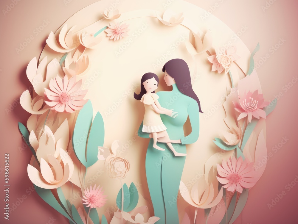 Happy Mothers Day postcard with woman and child silhouette. paper style, pastel colors. AI generative Happy Mothers Day postcard with woman and child silhouette. paper style, pastel colors. AI generative