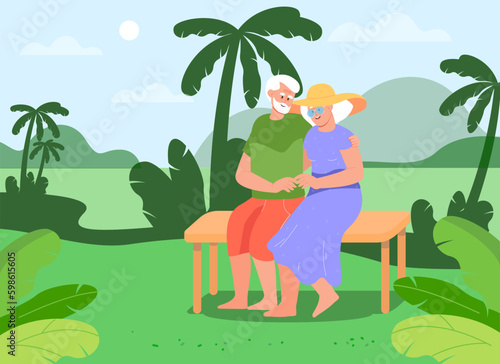 Senior couple spending time at nature vector illustration. Happy elderly man and woman sitting and hugging on bench in park or forest, enjoying leisure time. Summer, senior life, family Generative AI