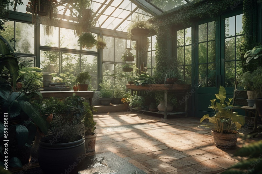 3D depiction of a green house environment during the day. Generative AI