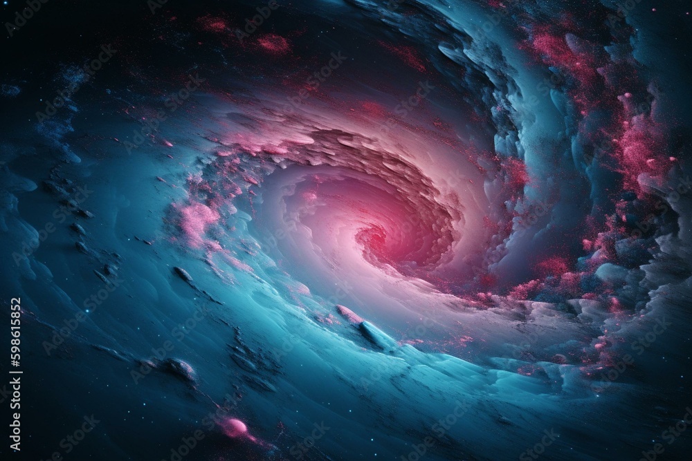 Swirling pink and blue galaxy in outer space wallpaper. Generative AI