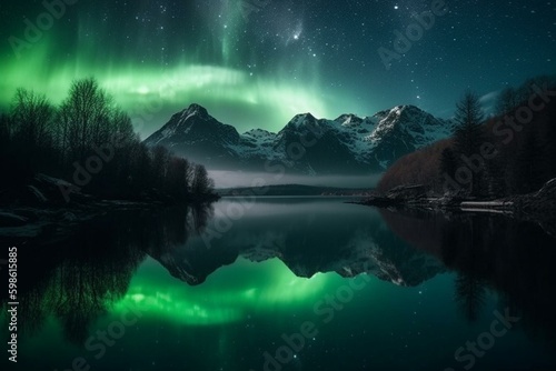 Northern lights reflected in lake with tree and mountain range in background. Generative AI