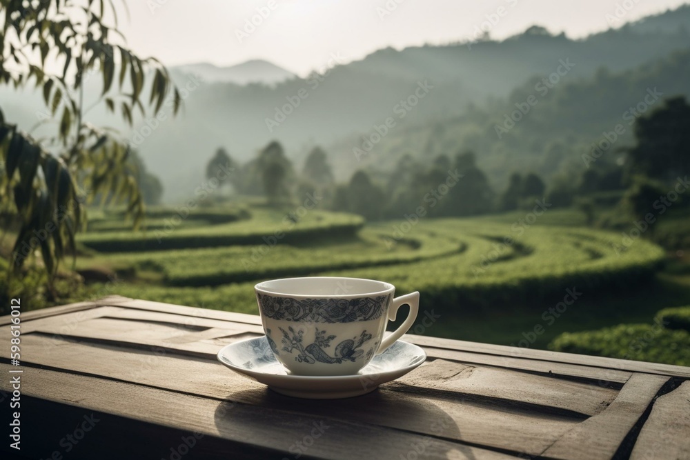 A smiling tea cup rests on table with green tea plantation in background. Generative AI