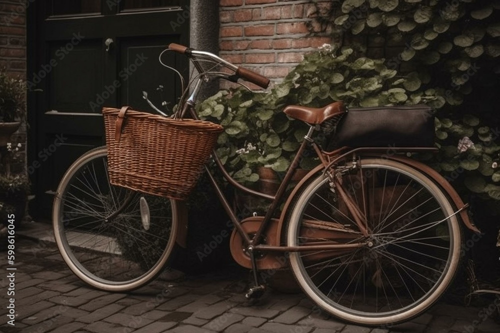 Bike parked by brick wall with front and back baskets. Generative AI