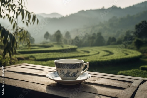 A smiling tea cup rests on table with green tea plantation in background. Generative AI