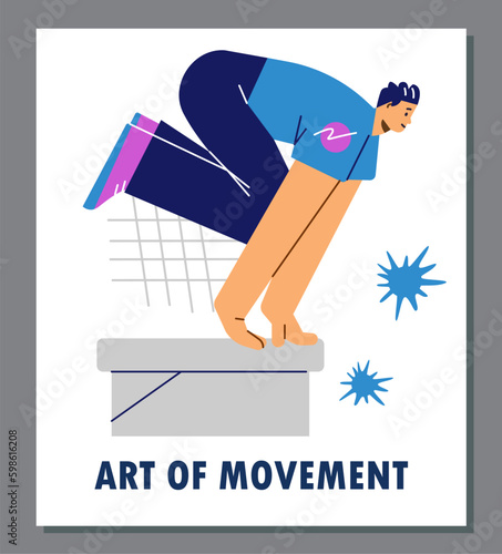 Young man jumping and passing obstacle during parkour training, poster template flat vector illustration.