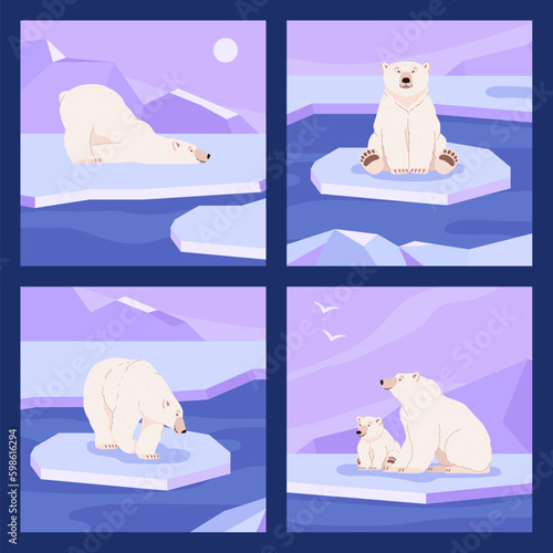Cute polar bear on glacier, set of square posters or scenes, flat vector illustration. photo