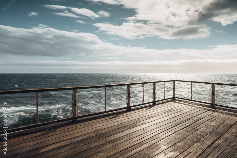 Wood deck above the sea and sky, ideal banner. Generative AI