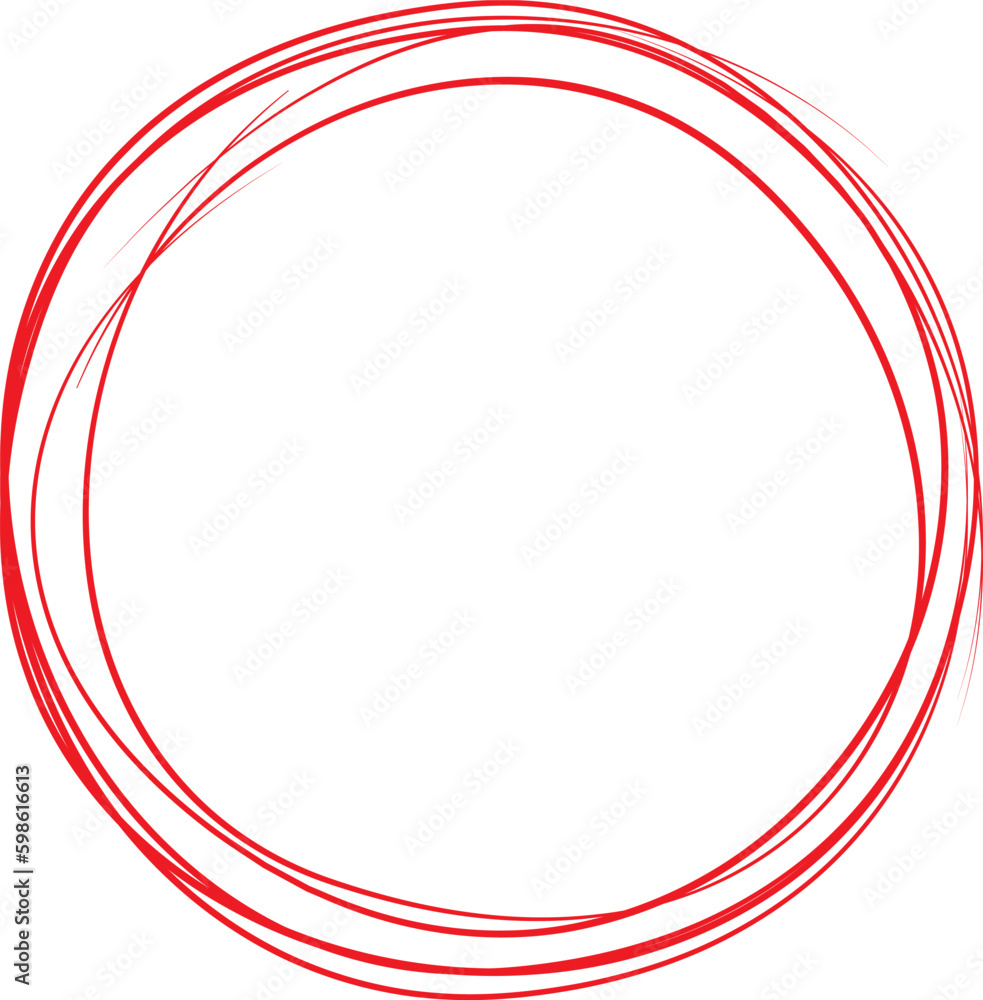 Red circle line hand drawn. Highlight hand drawing circle isolated on white background. Round handwritten circle. For marking text, note, mark icon, number, marker pen, pencil and text check, vector