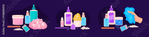 Banners with slime and ingredients vibrant flat vector illustration isolated.