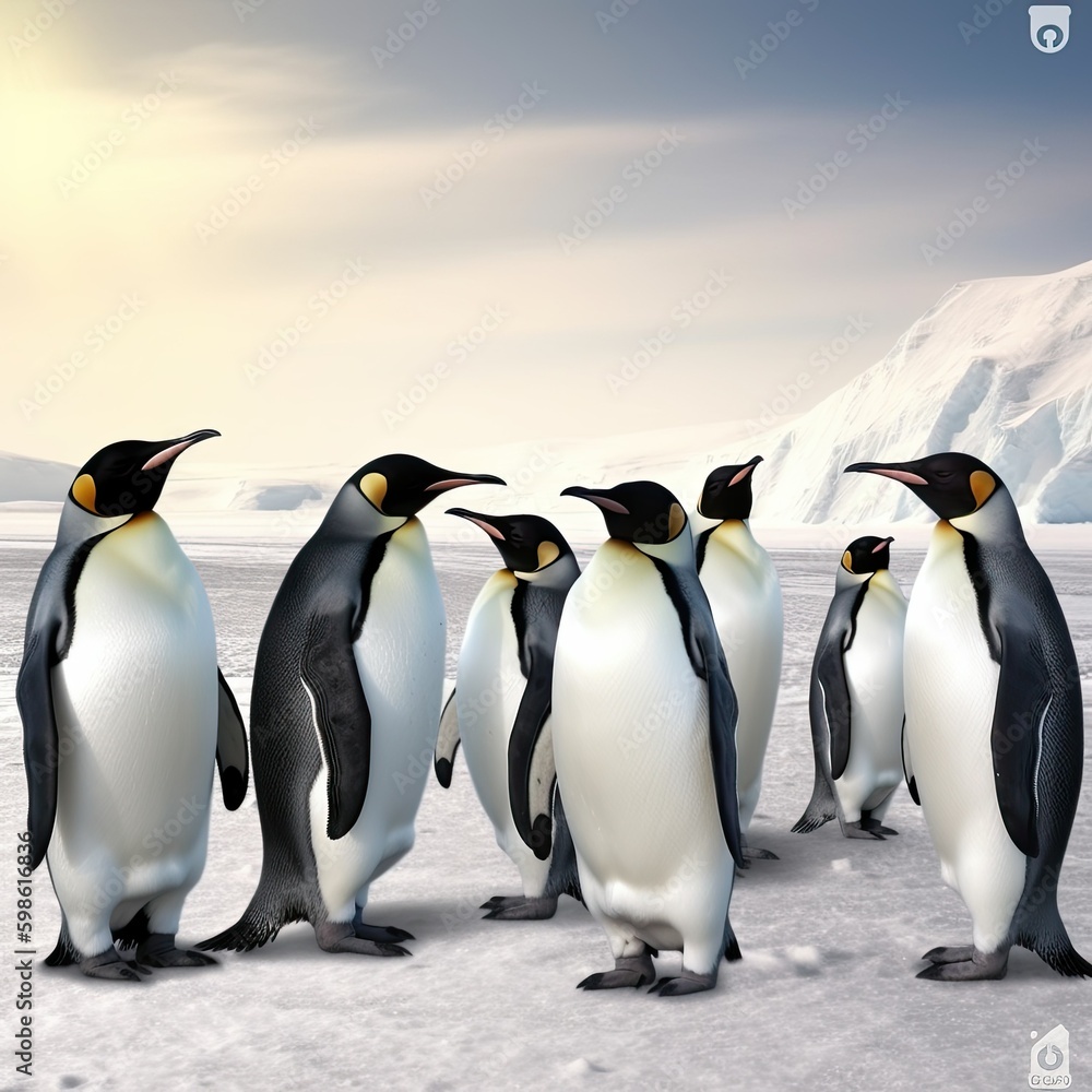 Fototapeta premium group of emperor penguins in the antarctic, sunset, illustration, generative ai