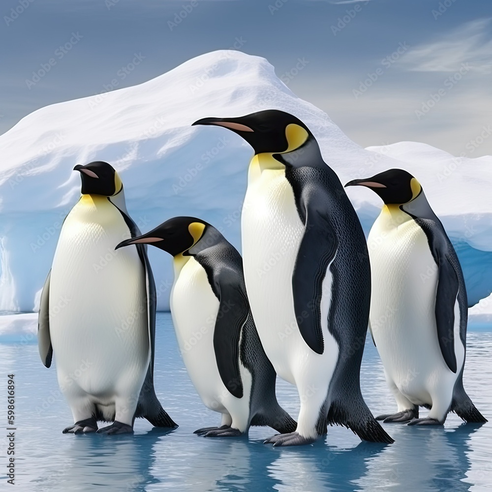 Fototapeta premium group of emperor penguins in the antarctic, sunset, illustration, generative ai