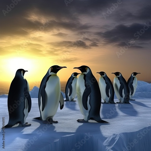group of emperor penguins in the antarctic  sunset  illustration  generative ai