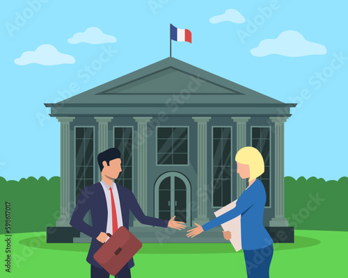 Deal between representatives of public and private sectors. Man and woman shaking hands in front of French government building vector illustration. Economy, government, partnership, Generative AI