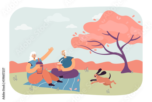 Happy senior couple having picnic near cherry blossom tree. Dog running around elderly man and woman drinking bubble tea outside vector illustration. Nature, leisure, retirement, senior Generative AI