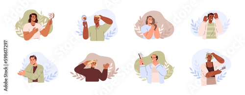 Upset people losing hair and looking at brush with lost hairs - flat vector illustration isolated on white background.
