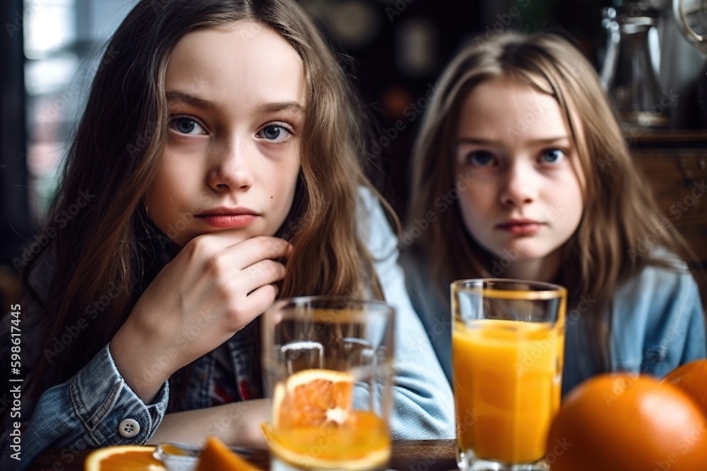 Two young girls share a refreshing glass of freshly squeezed orange juice. Ai generated. Two young girls share a refreshing glass of freshly squeezed orange juice. Ai generated.