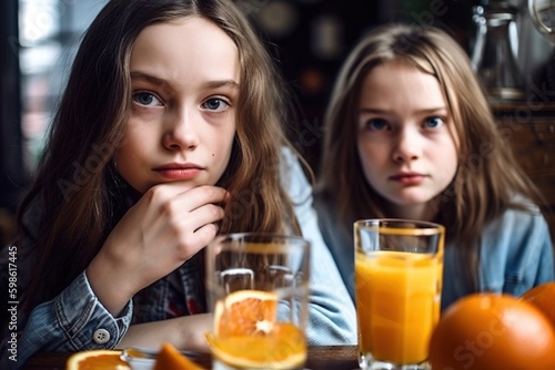 Two young girls share a refreshing glass of freshly squeezed orange juice. Ai generated. © Joaquin Corbalan