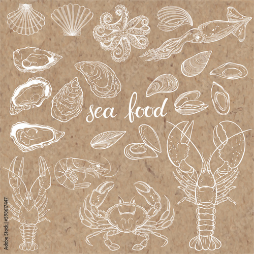 Sea food, delicacies. Isolated vector elements on kraft paper. Hand drawn set of templates for menu design, packaging, restaurants and catering.