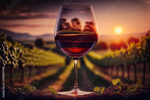 Relaxing moment with a glass of rosé wine at sunset in a European vineyard. Ai generated.