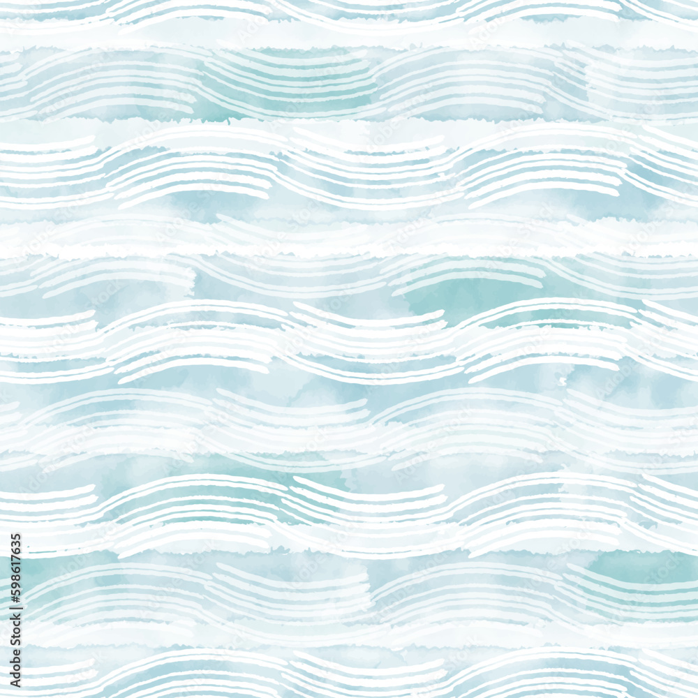 Waves background. Abstract seamless pattern on a sea theme. Monochrome vector illustration on blue watercolor background. Perfect for wallpaper, wrapping, fabric and textile.