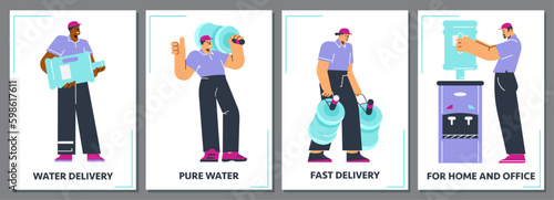 Set of posters with man holding large water bottles flat style