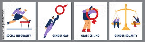 Social inequality and gender gap posters set, unequal rights for men and women at workplace, flat vector illustration. © Kudryavtsev
