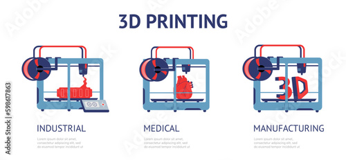 3D printing infographics set, flat vector illustration isolated on white background.