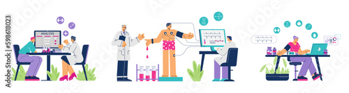 Medical bio check up banners set flat cartoon vector isolated on white.