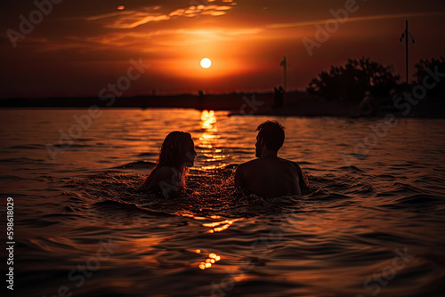 Romantic couple relaxes while enjoying a break in water and enjoys a summer vacation on the beach at sunset, created with Generative AI