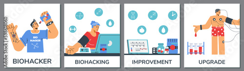 Biohacking health upgrade and lifestyle improvement, flat vector illustration.