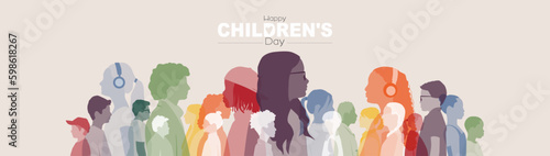 Happy Children's Day banner. Children of different ethnicities stand side by side together. Flat vector illustration.