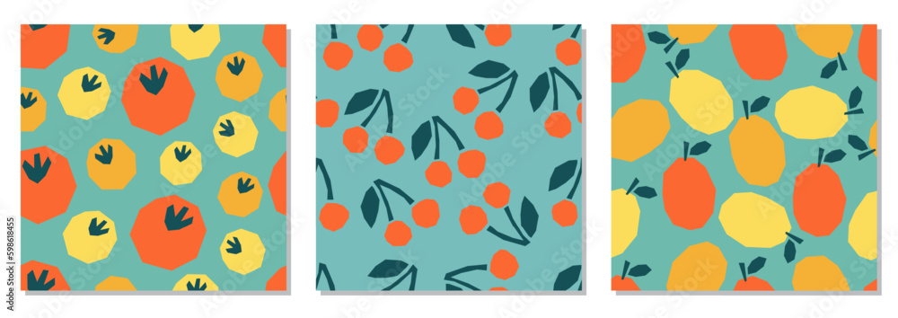 Set of minimalist cut out collage style fruit seamless pattern
