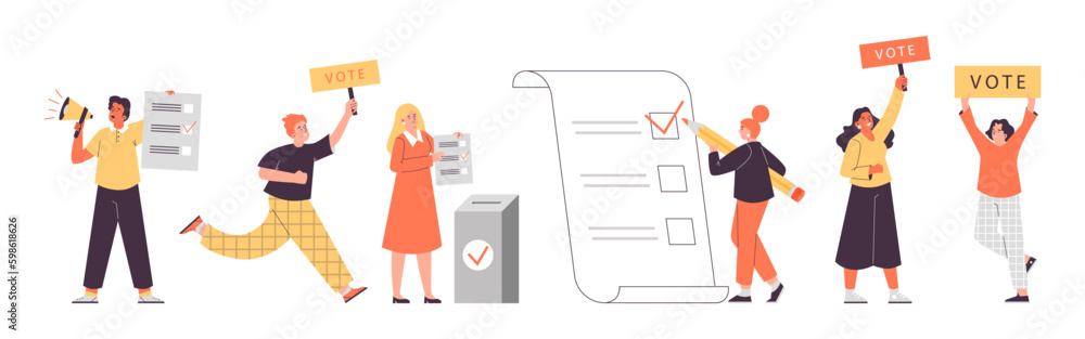 People taking part in voting characters set, flat vector illustration isolated. - obrazy, fototapety, plakaty 