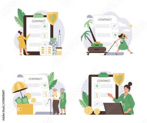 Employee benefits and perks, set of abstract flat vector illustrations isolated on white background.