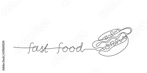 One continuous line drawing of American hot dog with sausage and lettering. Single line of fast food hotdog for restaurant menu, poster or banner in simple linear style. Sketch vector illustration