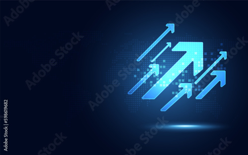 Futuristic blue glowing rising up arrows digital transformation abstract technology background. Big data and business growth currency stock and investment economy. Vector illustration