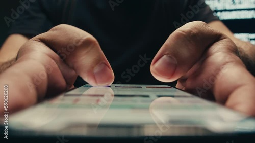Man chatting online on phone smartphone macro close up, typing text message, touching touchscreen keyboard, using messenger application. Person holding mobile phone, close up, swiping Generative AI
