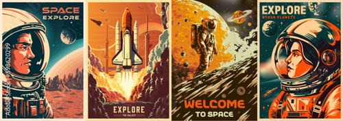 Space explore set flyers colorful Generative AI
