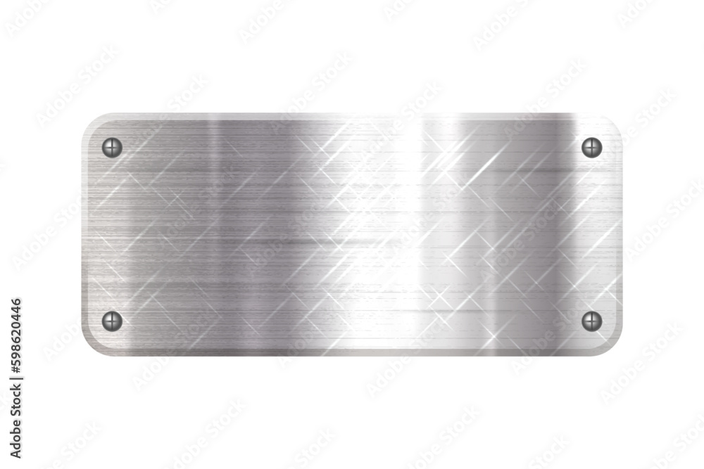 Silver or metal, iron plate or sign with rivet. Vector chrome board as backdrop for logo. Signboard or nameplate, metallic leaflet with screw. Titanium surface with gradient. Template for logotype Silver or metal, iron plate or sign with rivet. Vector chrome board as backdrop for logo. Signboard or nameplate, metallic leaflet with screw. Titanium surface with gradient. Template for logotype